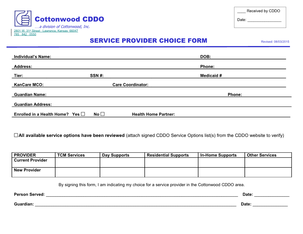 SERVICE PROVIDER CHOICE FORM Revised: 08/03/2015