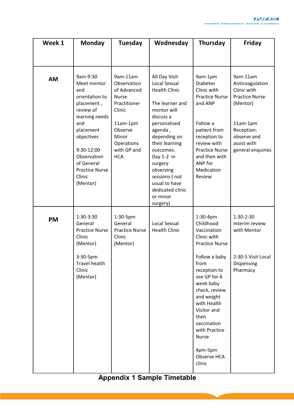 Appendix 1 Sample Timetable