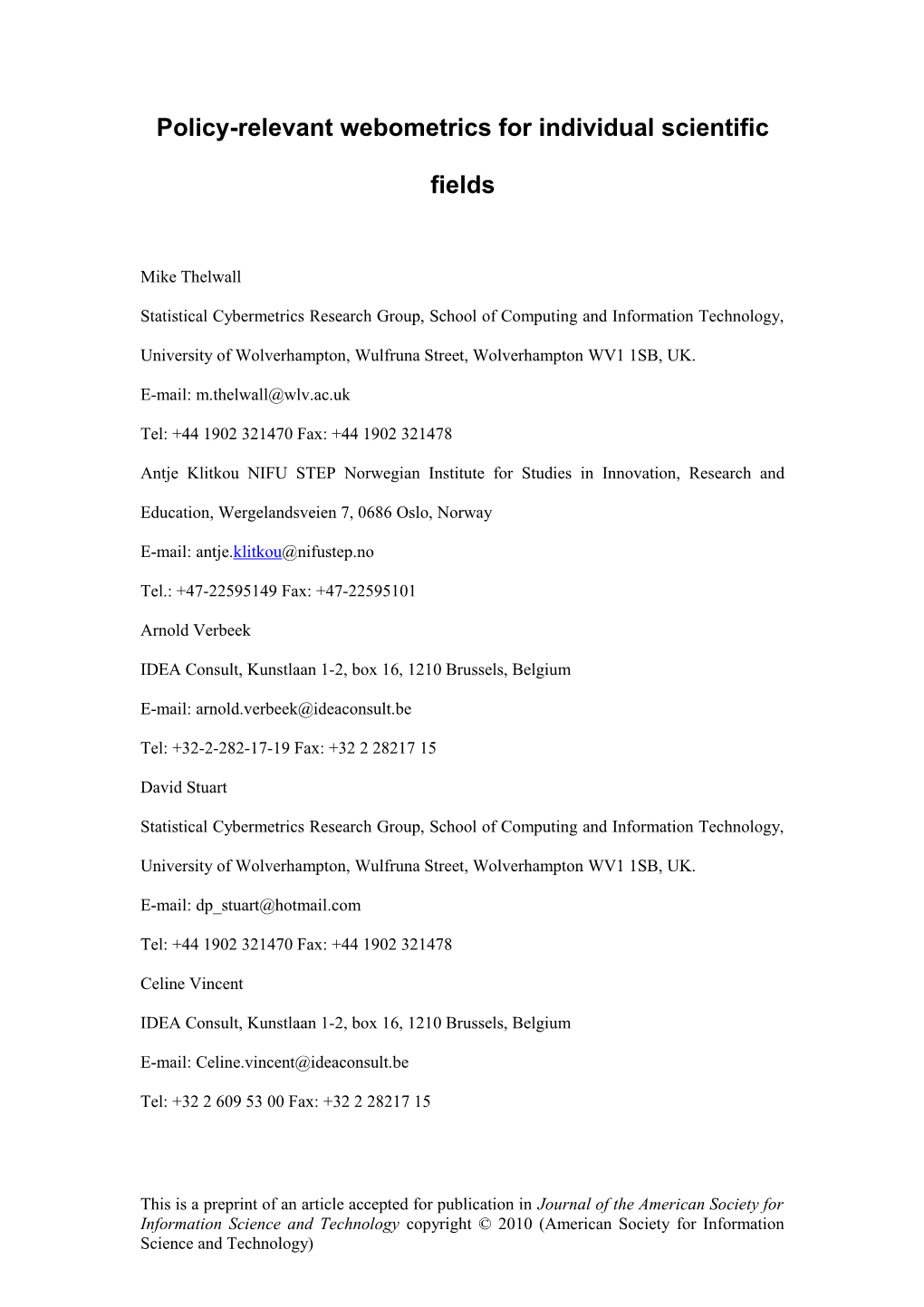 Policy-Relevant Webometrics for Individual Scientific Fields: a Theoretical Framework