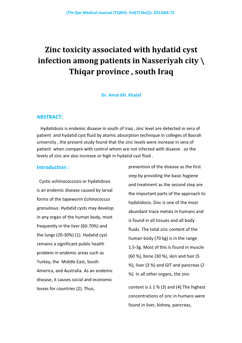 Zinc Toxicity Associated with Hydatid Cyst Infection Among Patients in Nasseriyah City