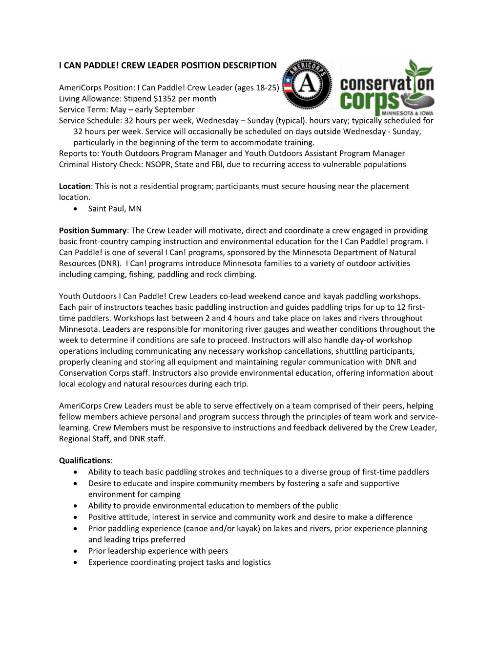 Americorps Position: I Can Paddle! Crew Leader (Ages 18-25)