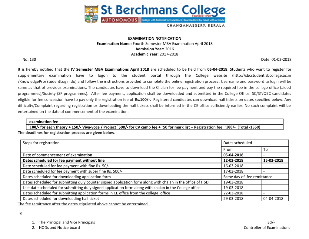 Examination Notification