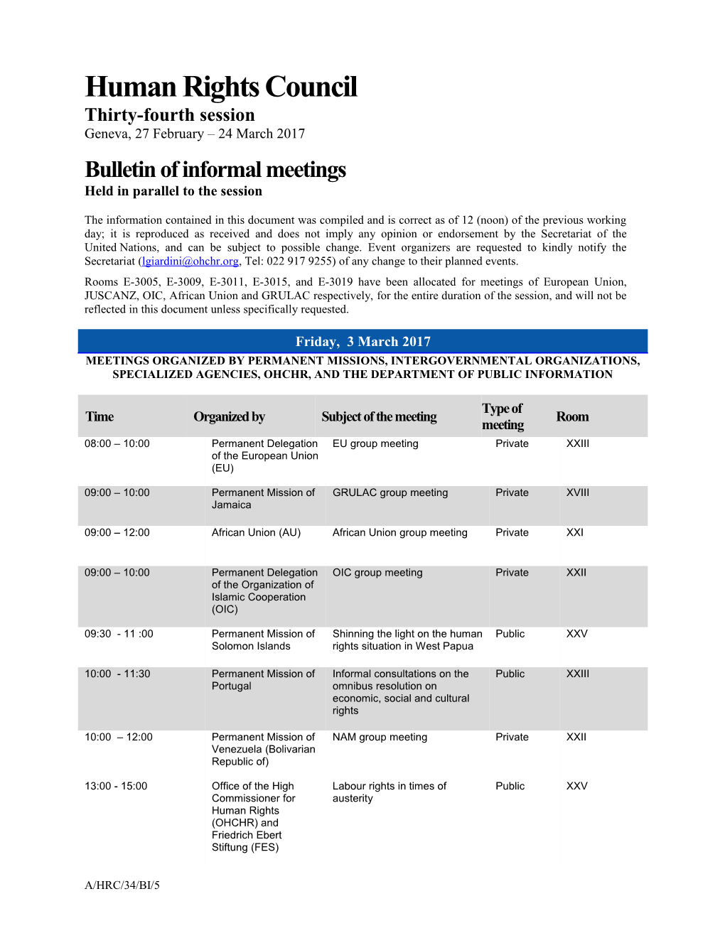 Bulletin of Informal Meetings, Friday 3 March 2017