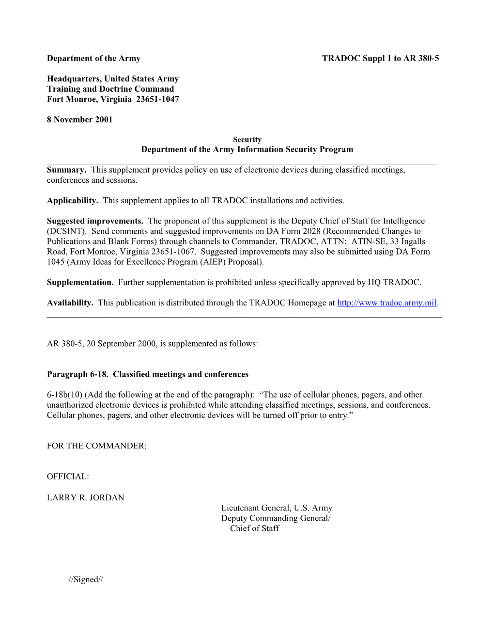 TRADOC Suppl 1 to AR 1-101