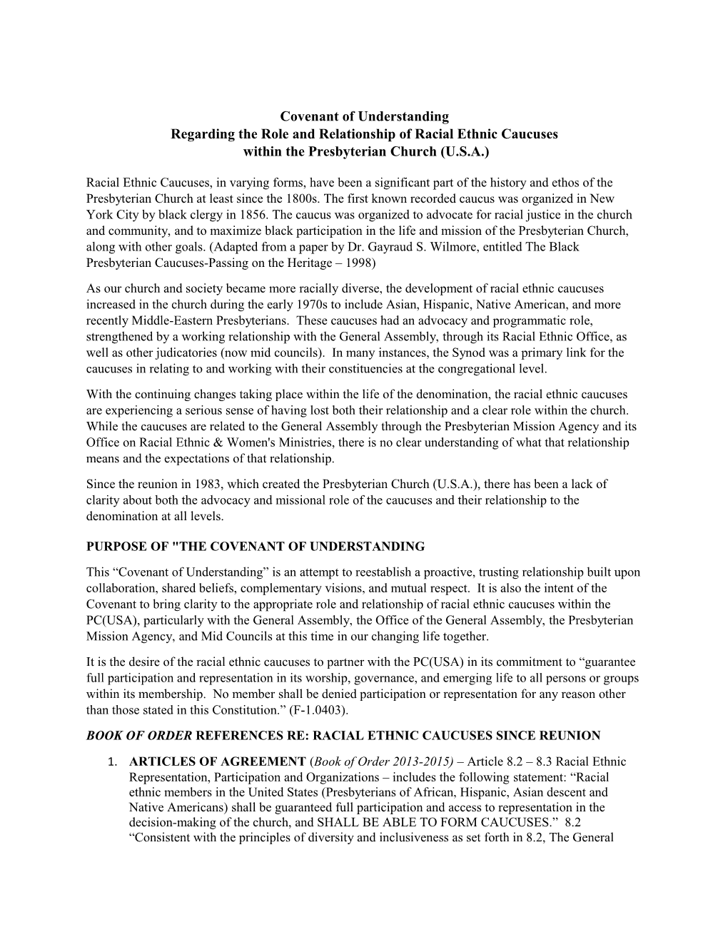 Covenant of Understanding Regarding the Role and Relationship of Racial Ethnic Caucuses