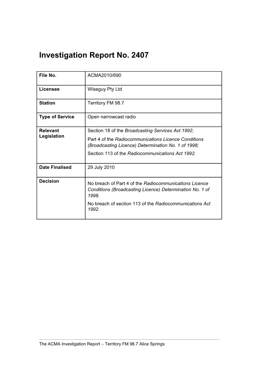 Investigation Report No. 2407