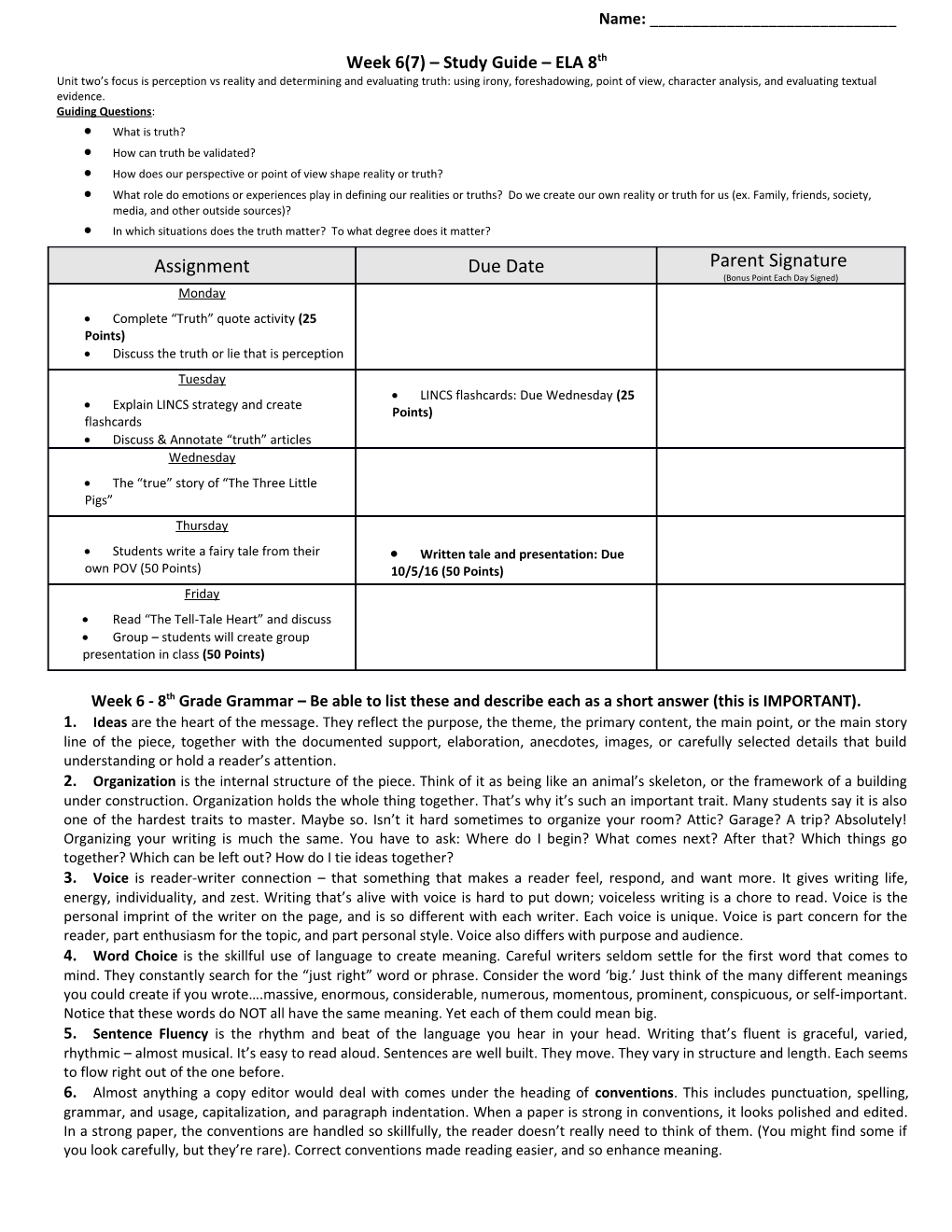 Week 6(7) Study Guide ELA 8Th