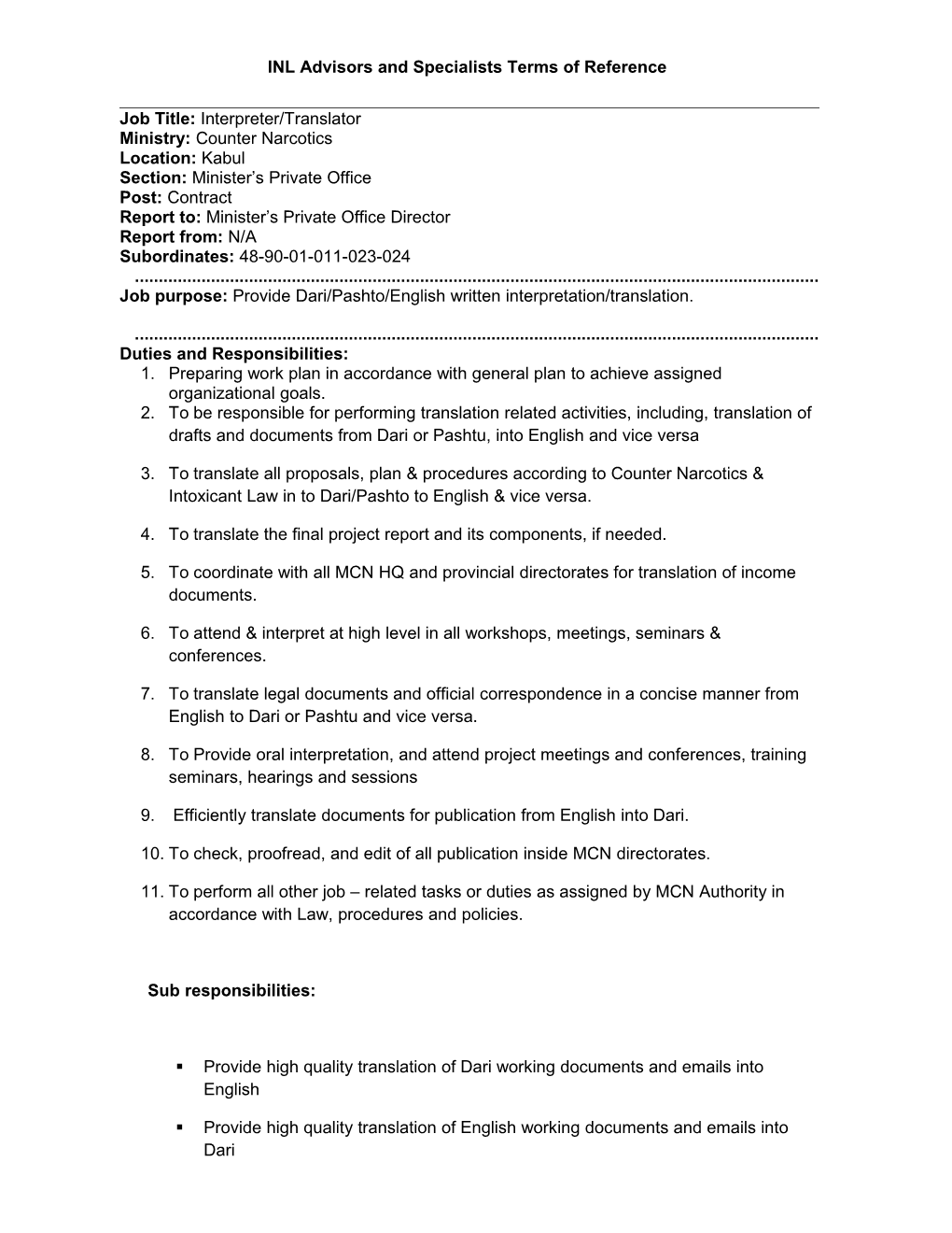 INL Advisors and Specialists Terms of Reference