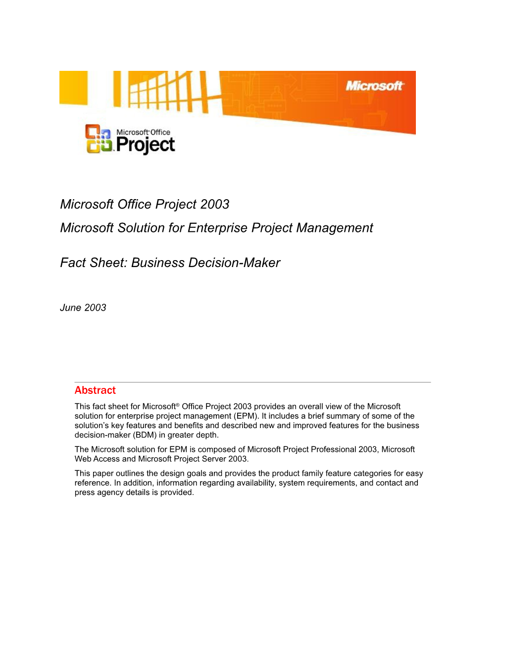 Project 2003 EPM Fact Sheet - BDM