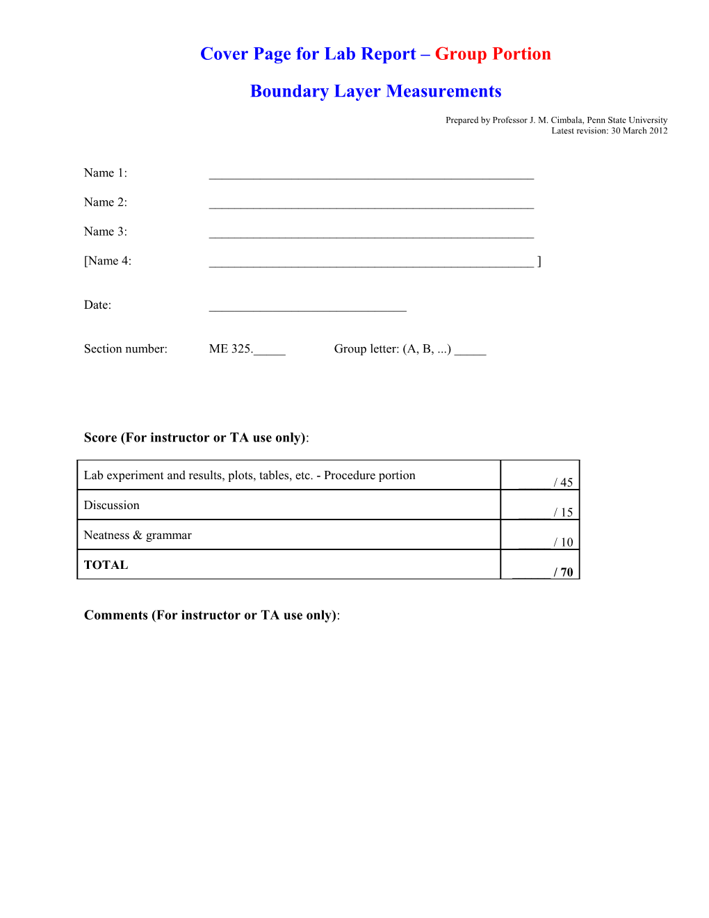 Cover Page for Lab Report Group Portion s1