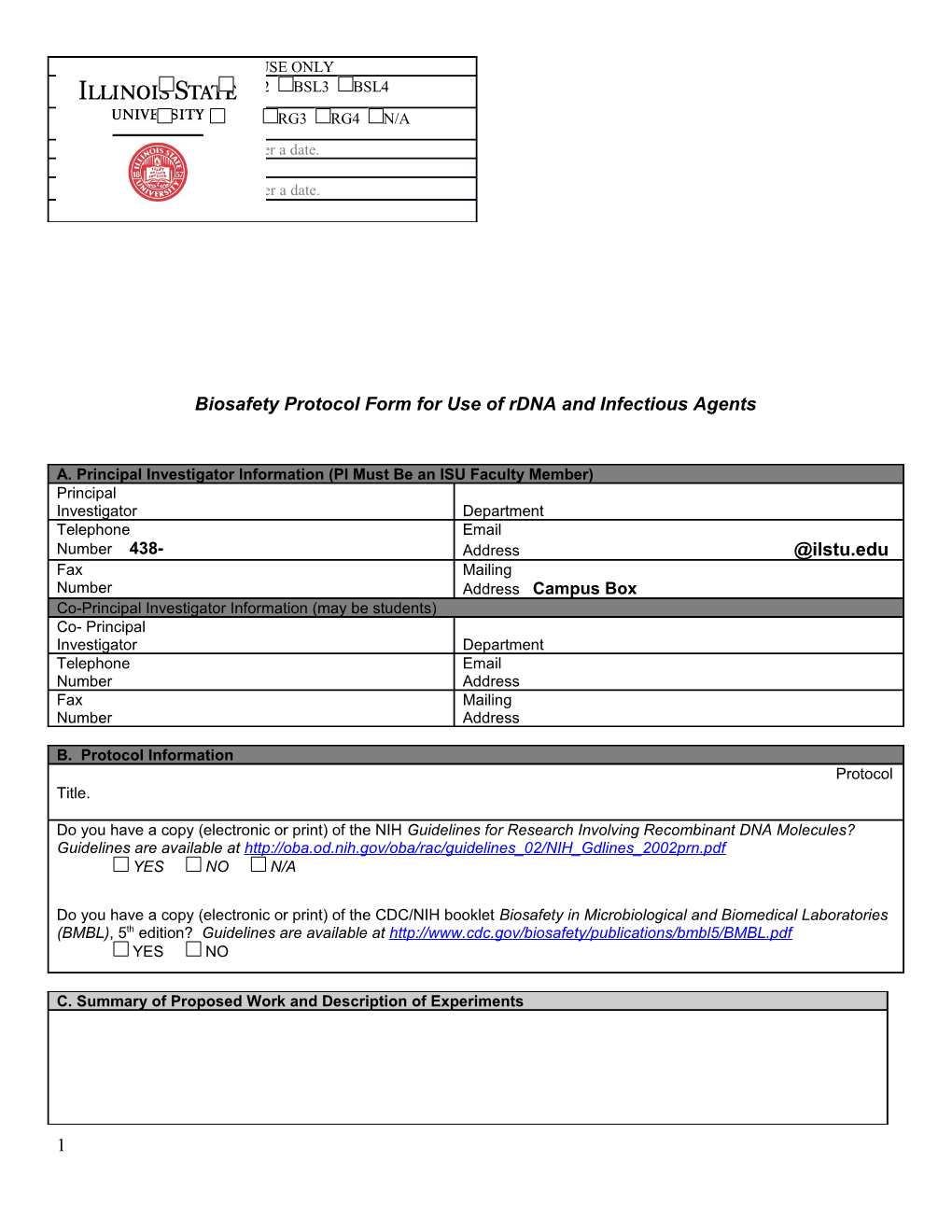 Biosafety Protocol Form for Use of Rdna and Infectious Agents