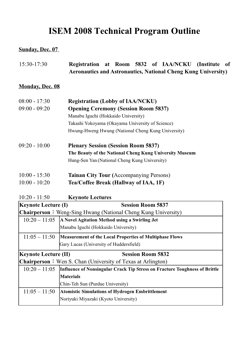 ISEM 2008Technicalprogram Outline