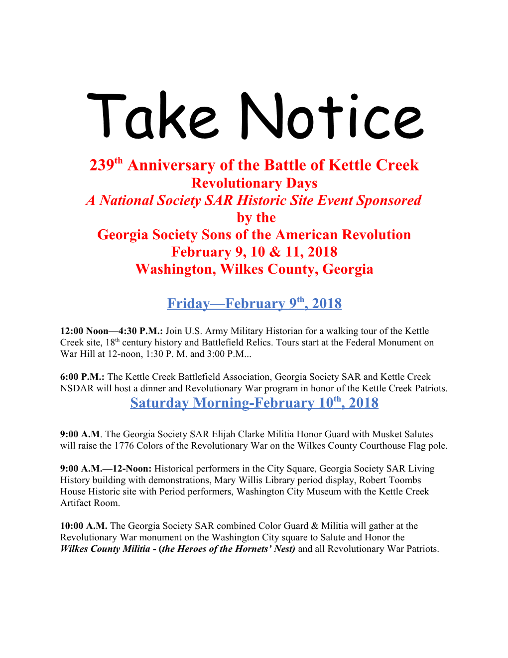 239Th Anniversary of the Battle of Kettle Creek