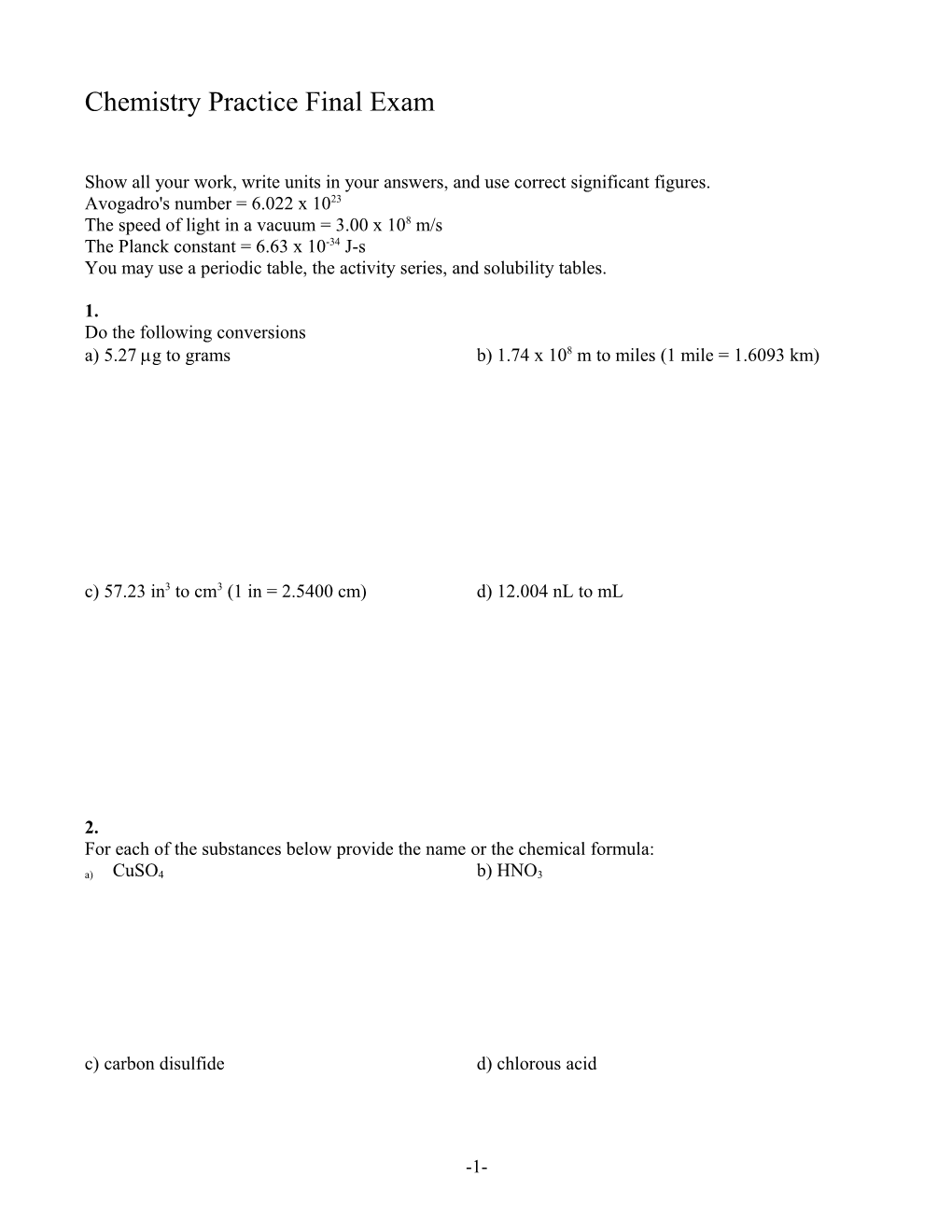 Chemistry Practice Final Exam