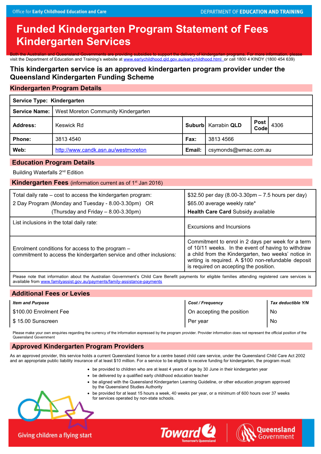 Funding Kindergarten Program Statement of Fees Kindergarten Services