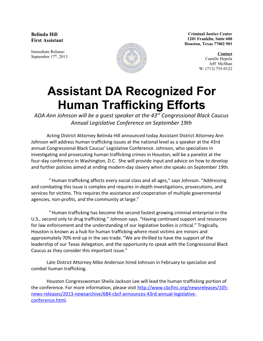 Assistant DA Recognized for Human Trafficking Efforts