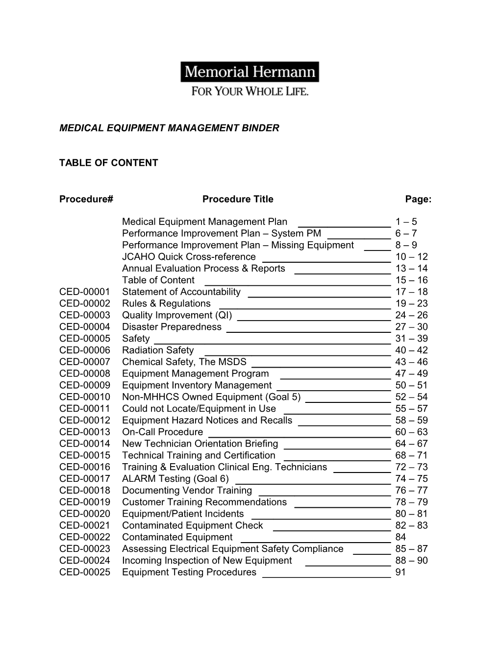 Medical Equipment Management Binder