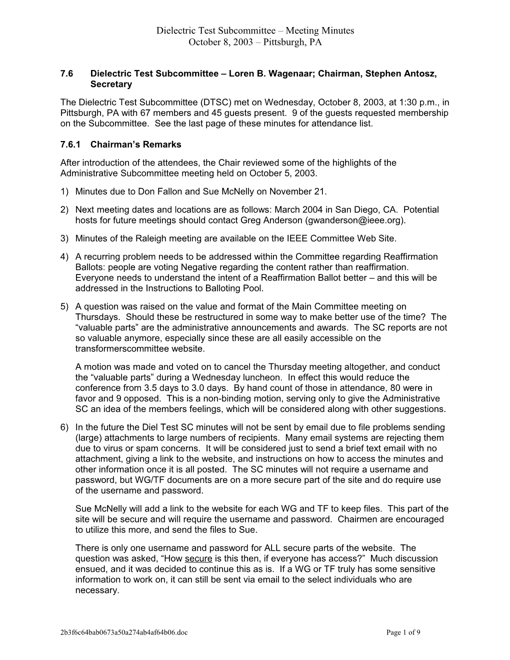 Fall 2003 - Dielectric Test Subcommittee Minutes