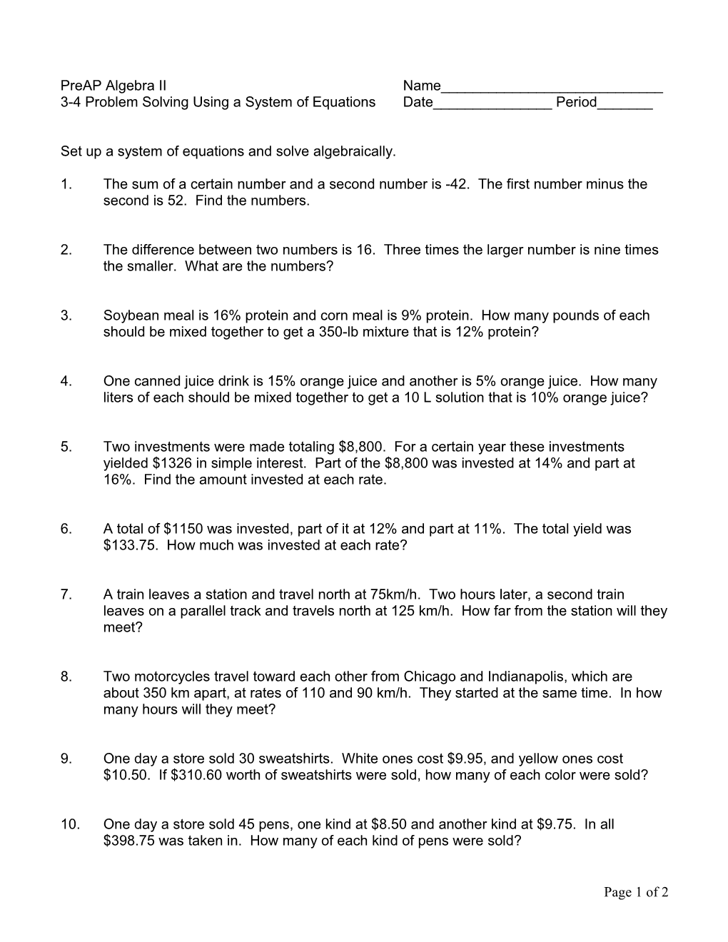 3-4 Problem Solving Using a System of Equations