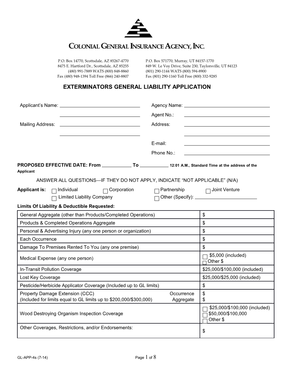 Exterminators General Liability Application
