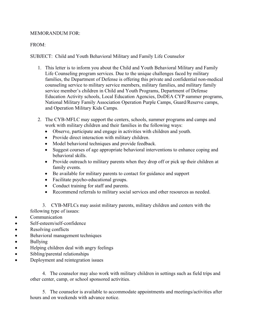 SUBJECT: Child and Youth Behavioral Military and Family Life Counselor