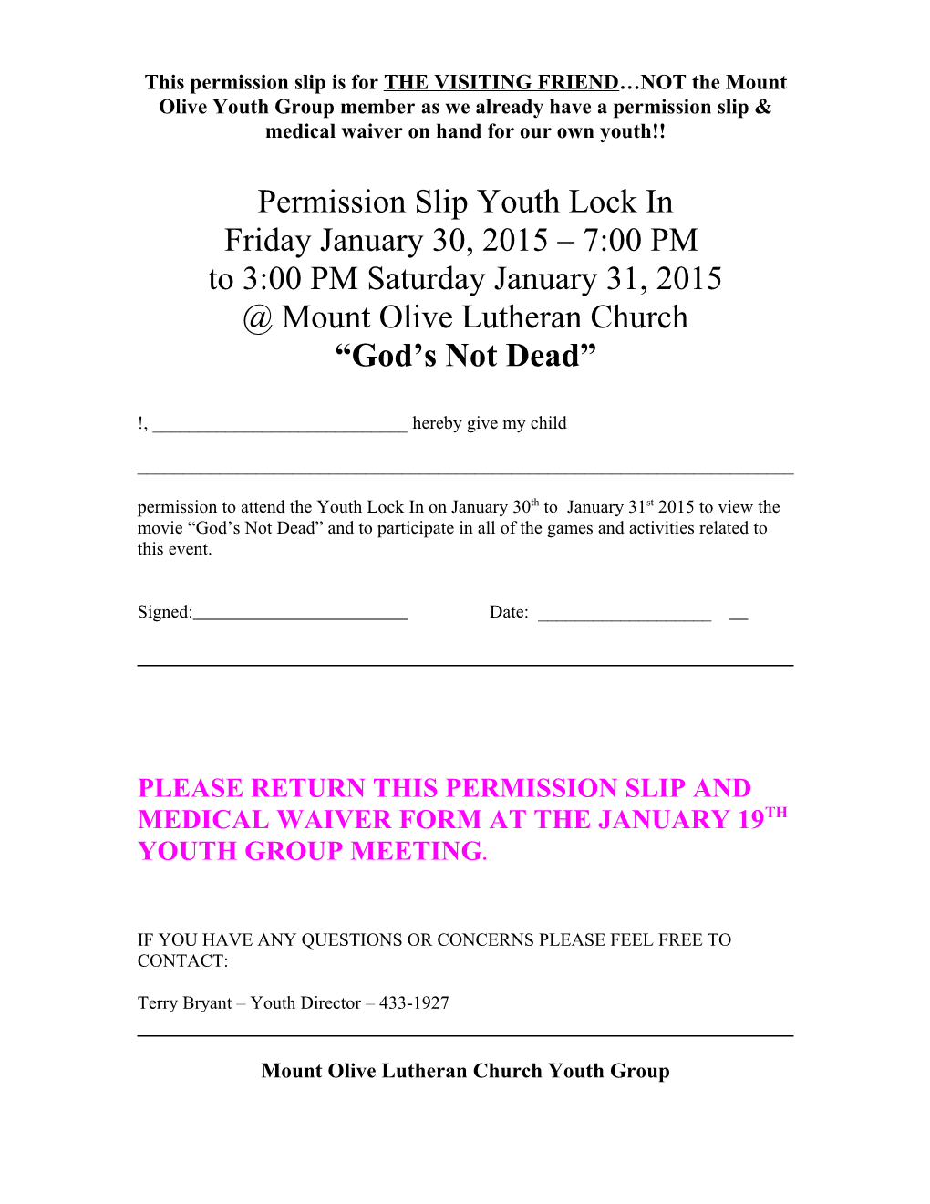 Permission Slip Mini Youth Lock In