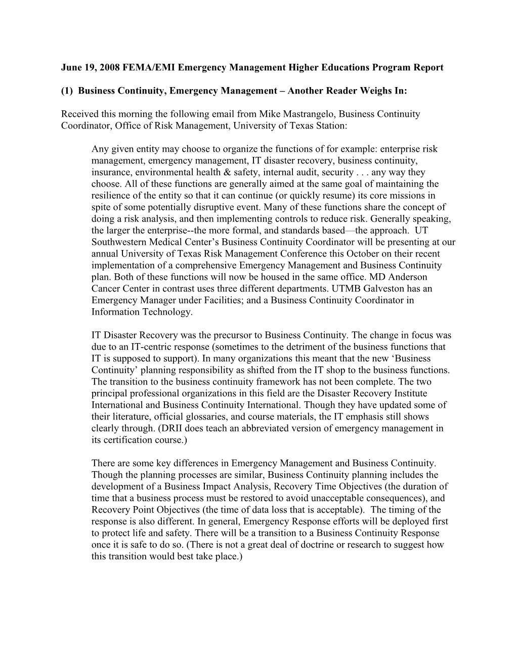 June 30, 2008 FEMA/EMI Emergency Management Higher Educations Program Report s1