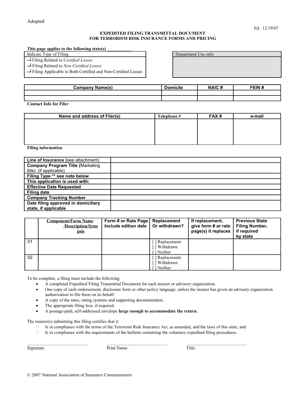 For Terrorism Risk Insurance Forms and Pricing