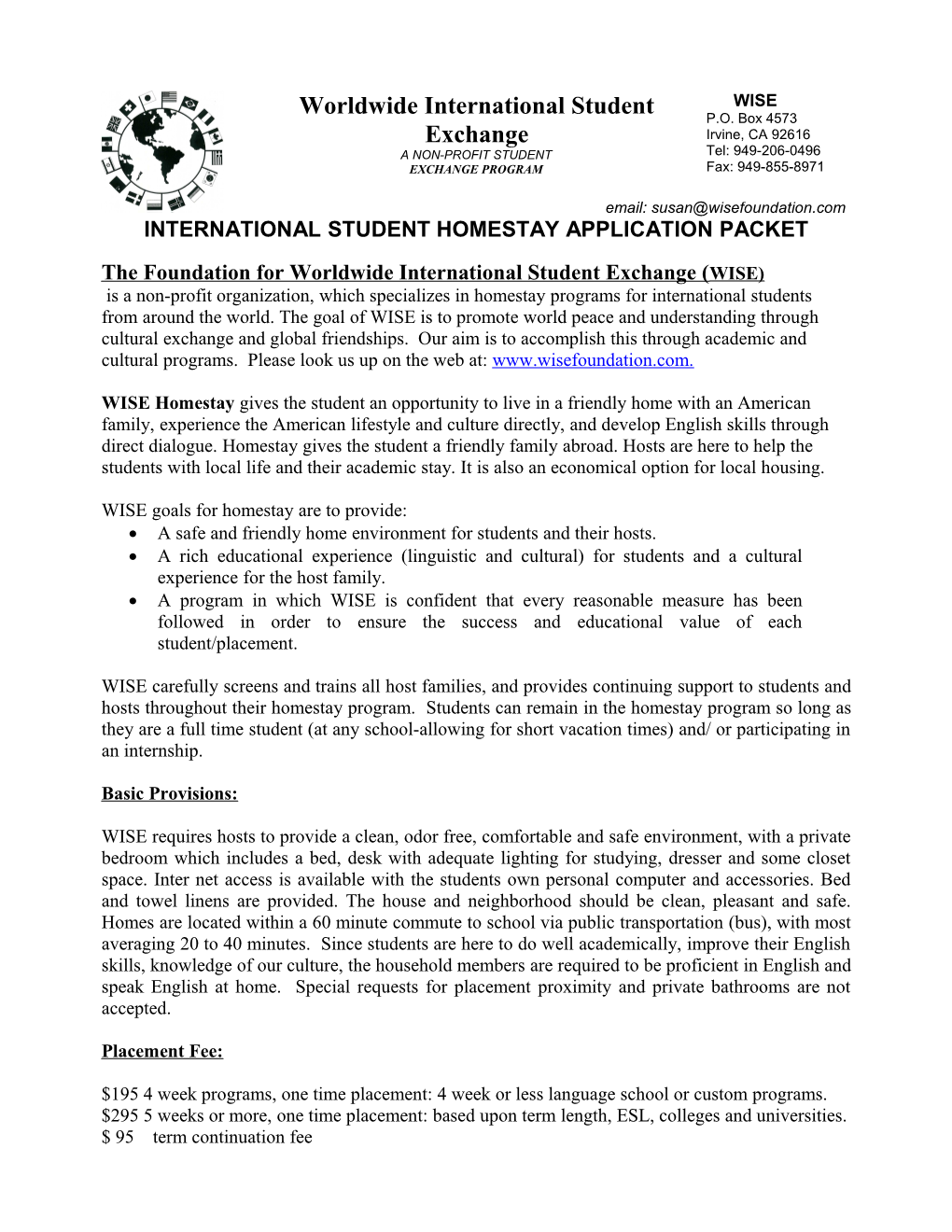 International Student Homestay Application Packet