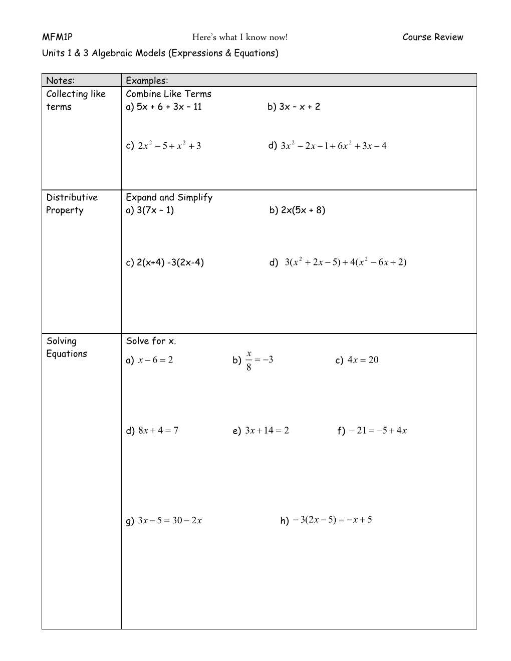 Units 1 & 3 Algebraic Models (Expressions & Equations)