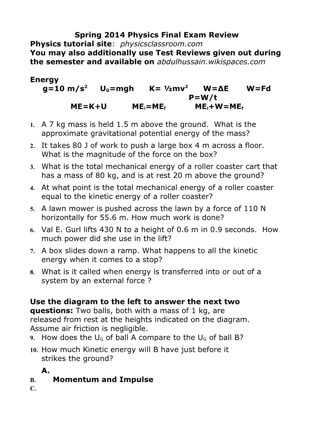 Physics L Energy Test