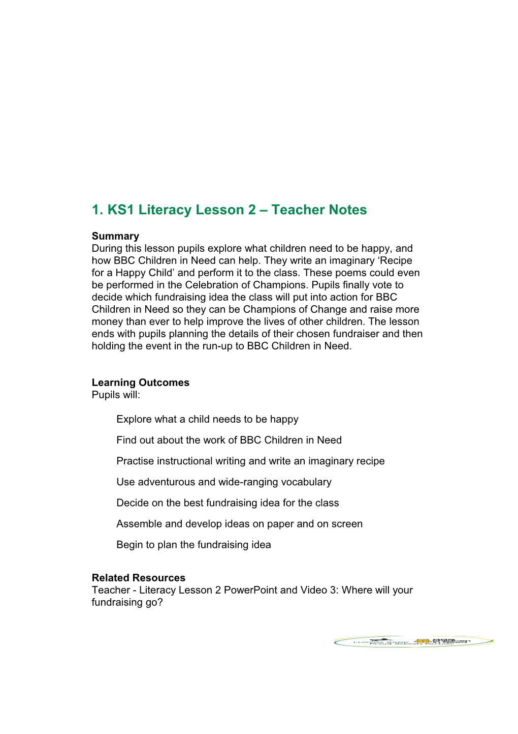 KS1 Literacy Lesson 2 Teacher Notes