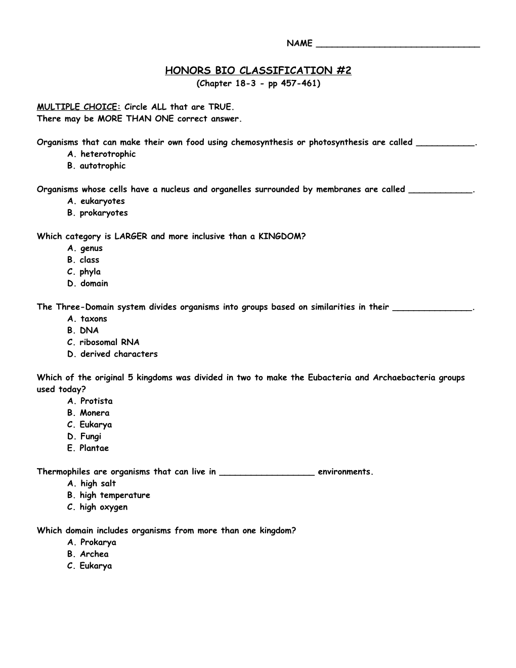 Honors Bio Classification #2