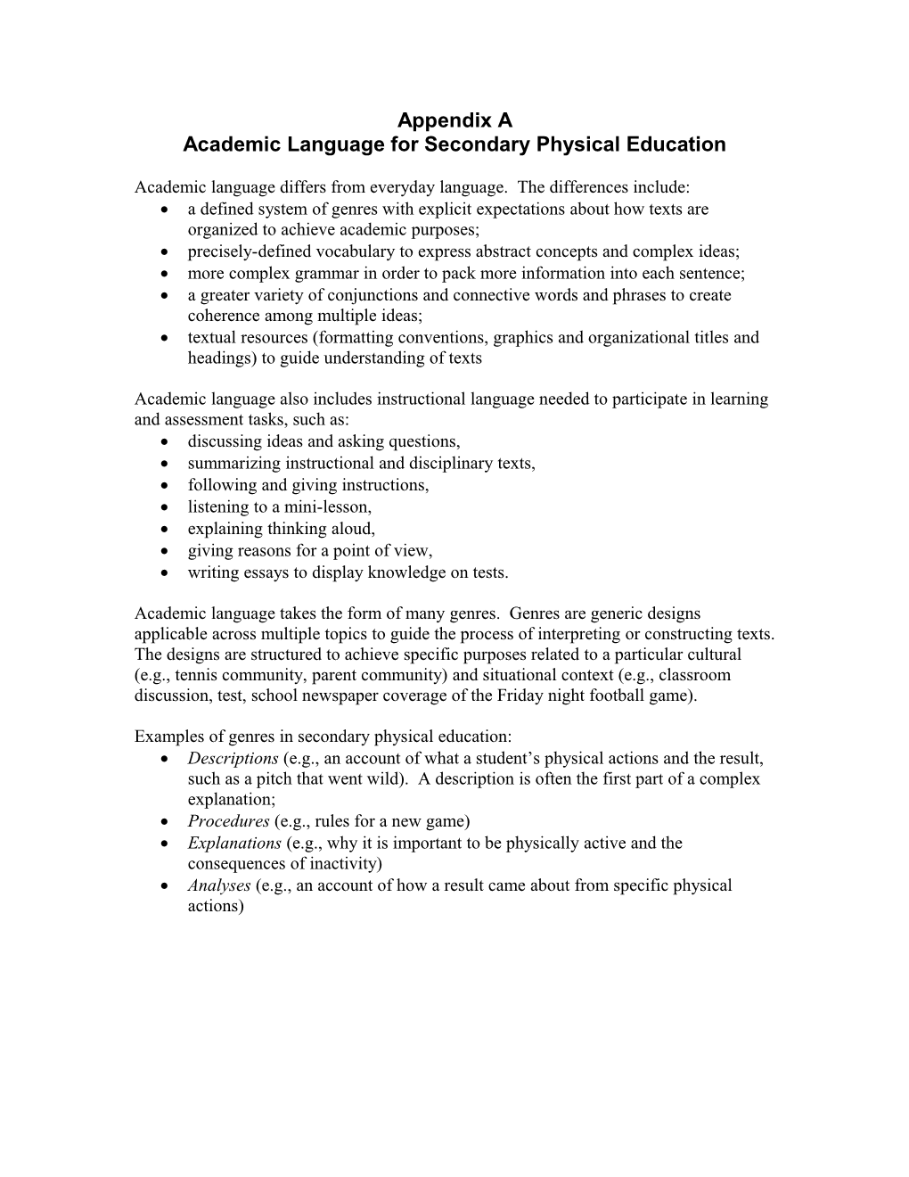 Academic Language for Secondary Physical Education