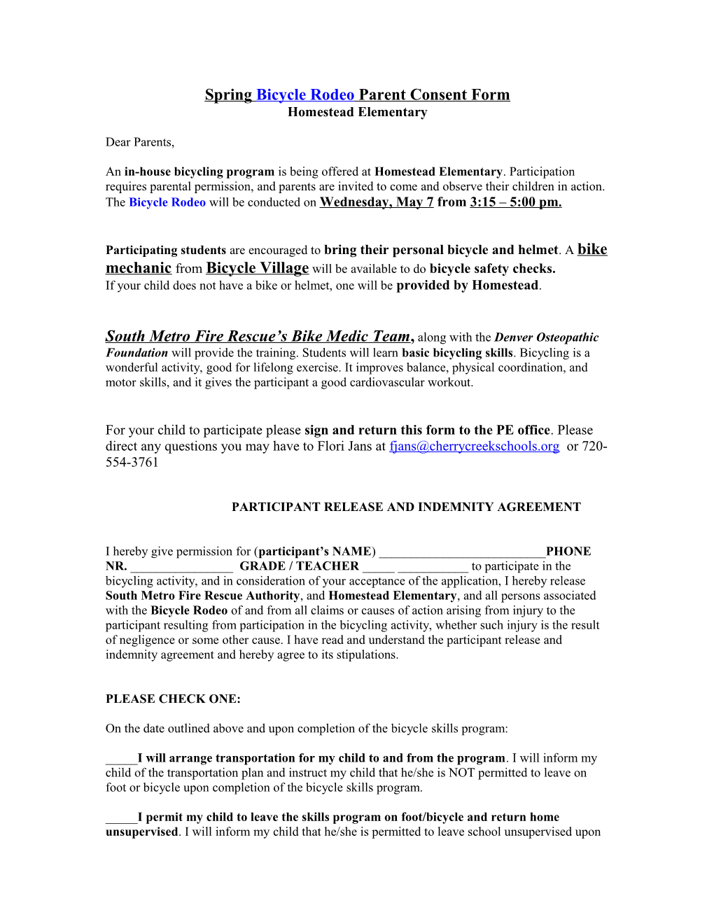 Spring Bicycle Rodeo Parent Consent Form