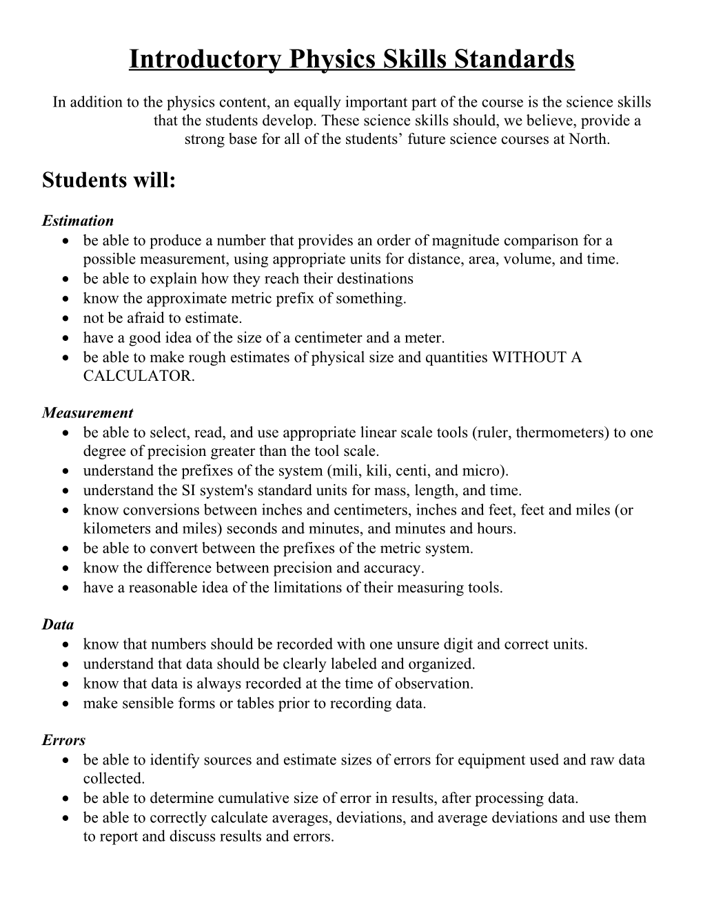 Introductory Physics Skills Standards