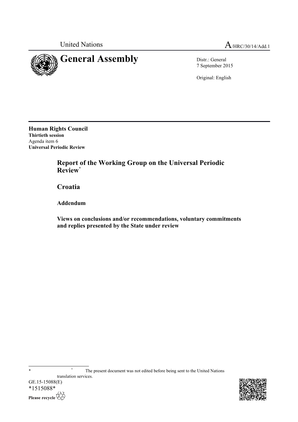 Addendum of the Report of the Working Group on the Universal Periodic Review - Croatia
