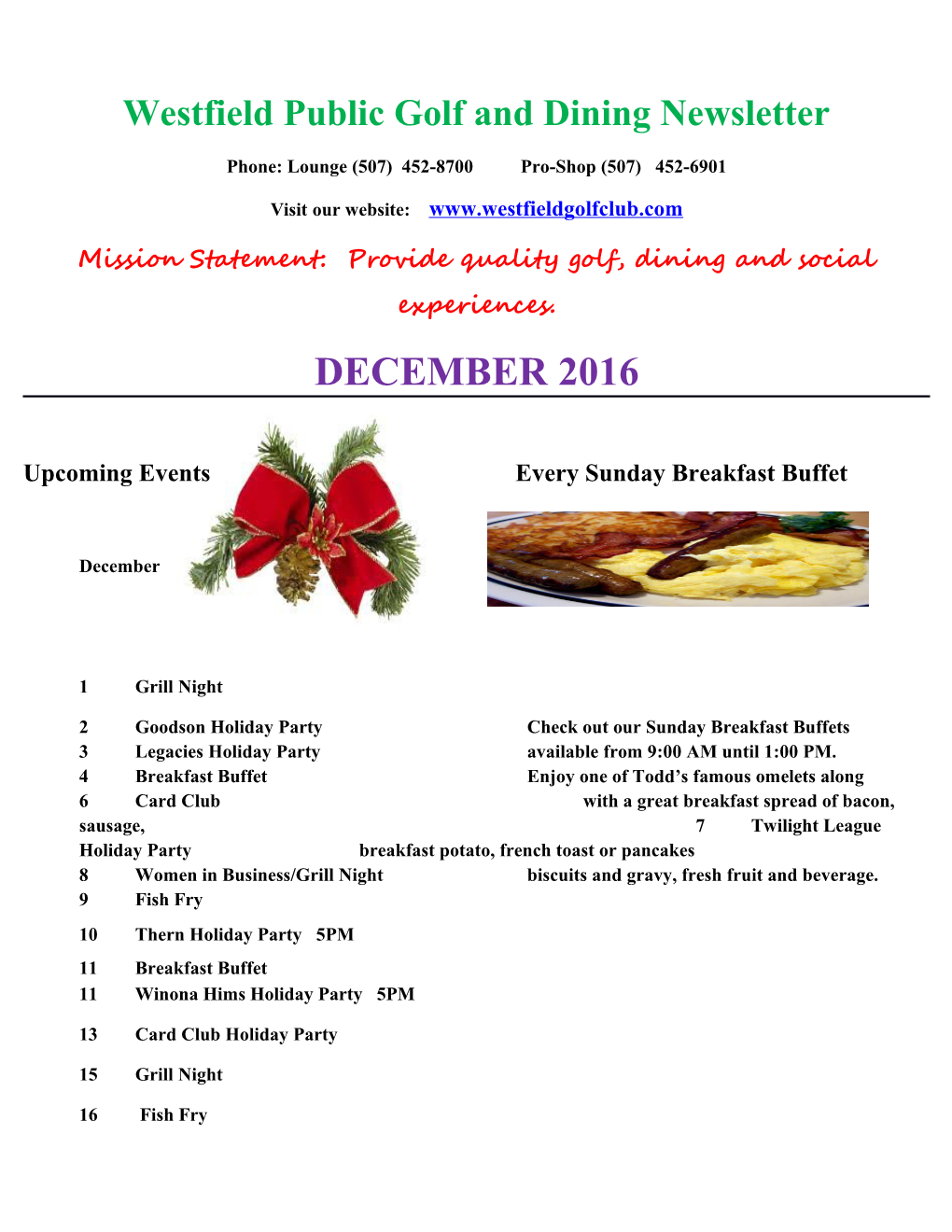 Westfield Public Golf and Dining Newsletter