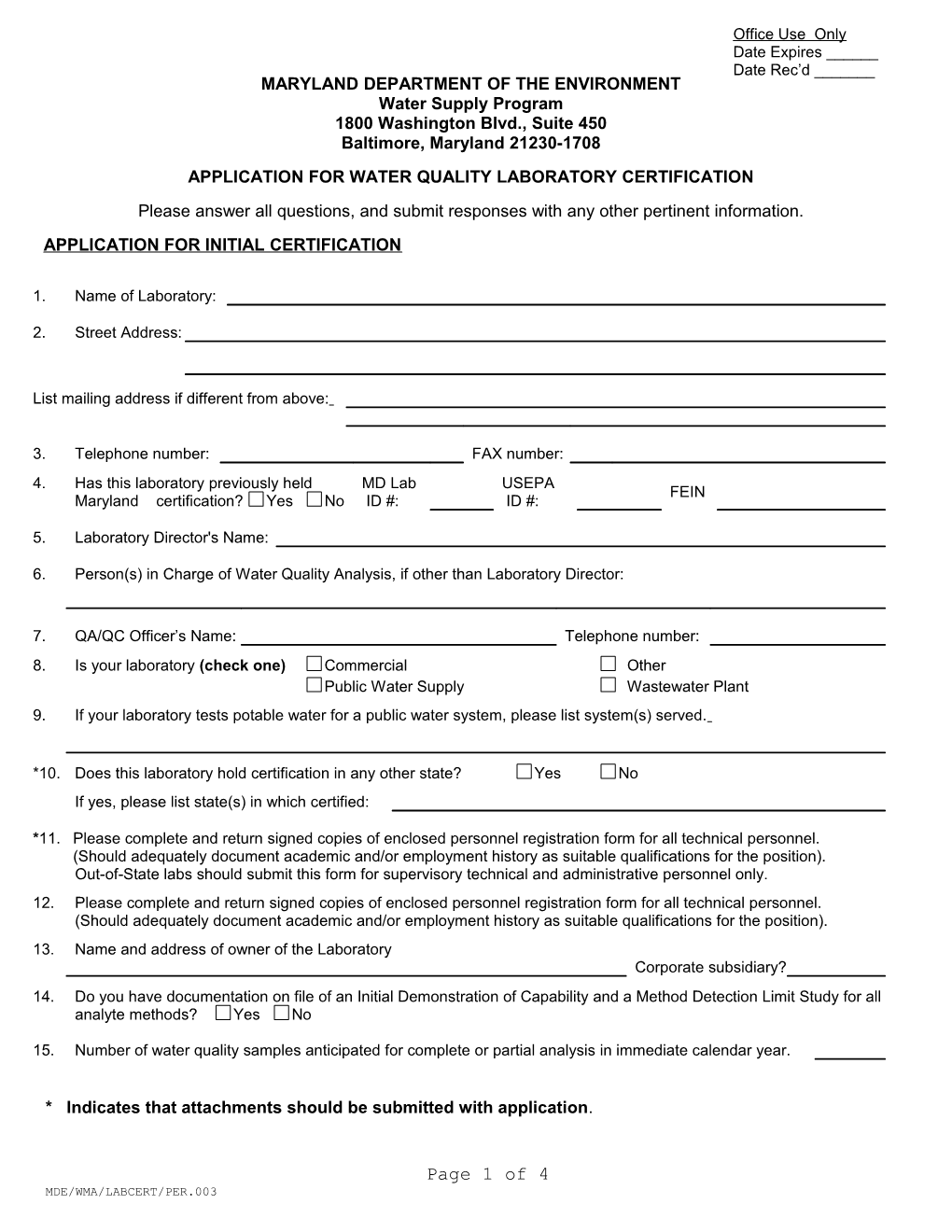 Application for Water Quality Laboratory Certification