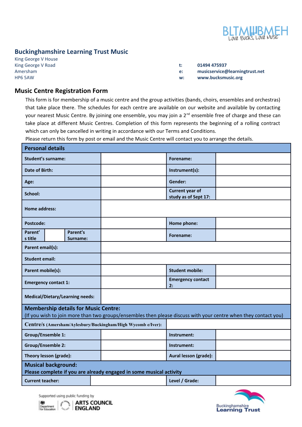 Music Centre Registration Form