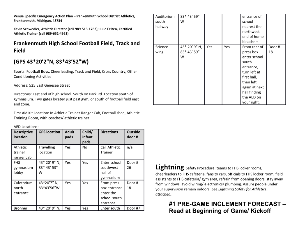 Venue Specific Emergency Action Plan Frankenmuth School District Athletics, Frankenmuth