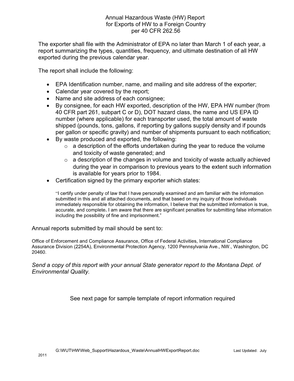 Annual Hazardous Waste Report for Exports of Hazardous Waste to a Foreign Country