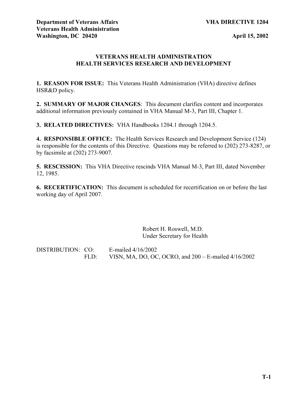 VHA Directive, 4/15/02, Veterans Health Administration Health Services Research and Development