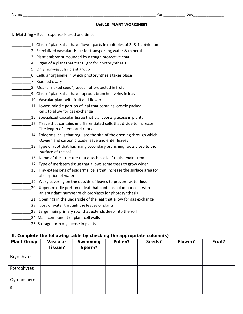 Unit 13- PLANT WORKSHEET