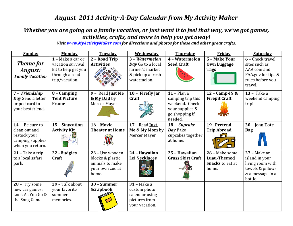 August 2011 Activity-A-Day Calendar from My Activity Maker