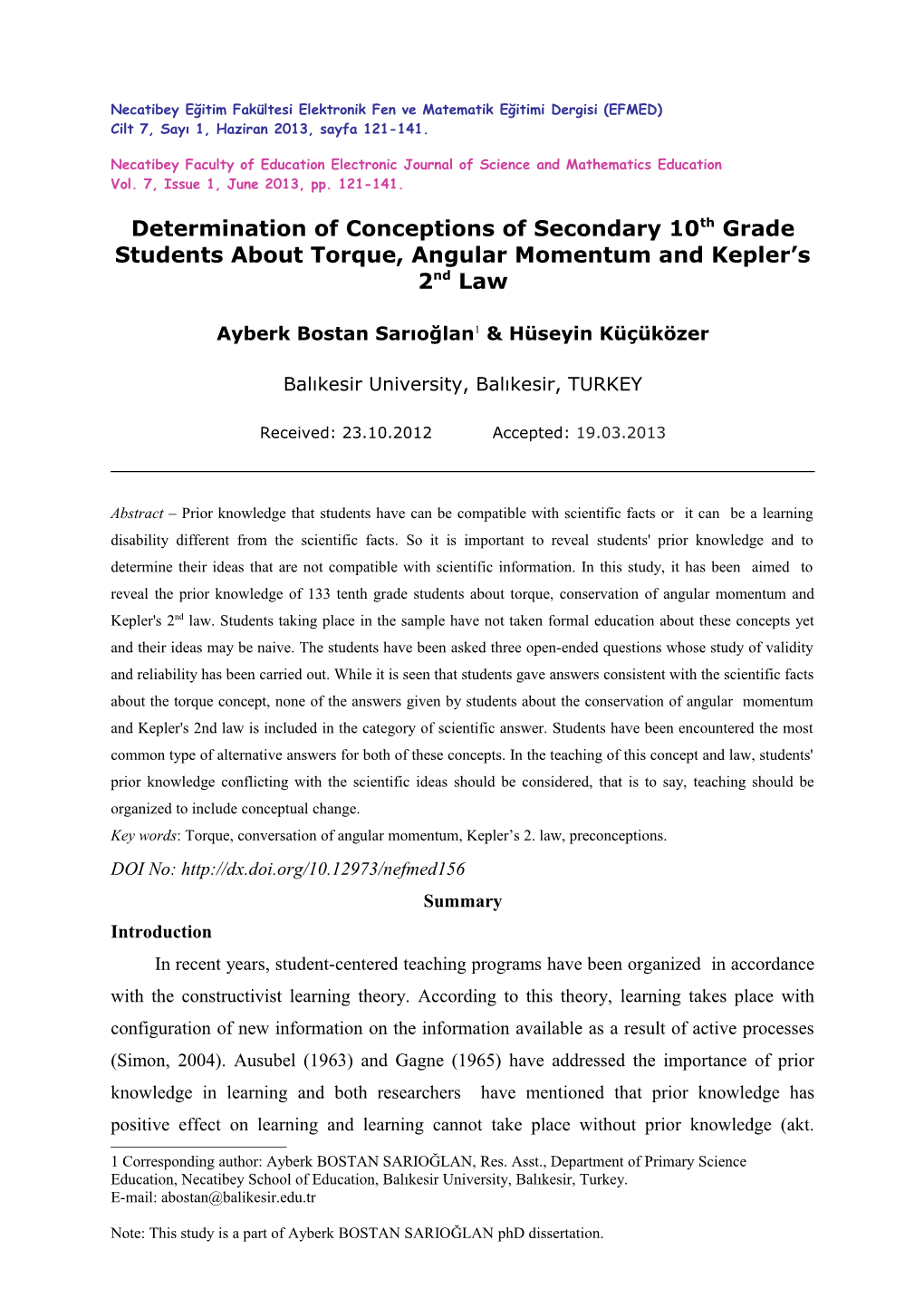 Determination of Conceptions of Secondary 10Th Grade Students About Torque, Angular Momentum
