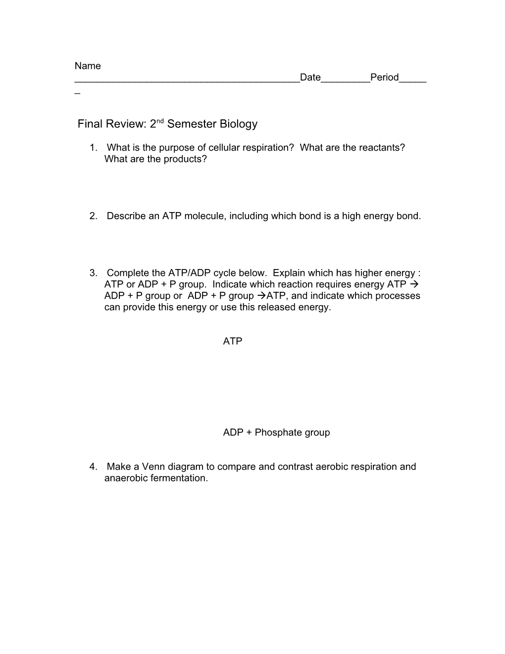 Final Review: 2Nd Semester Biology