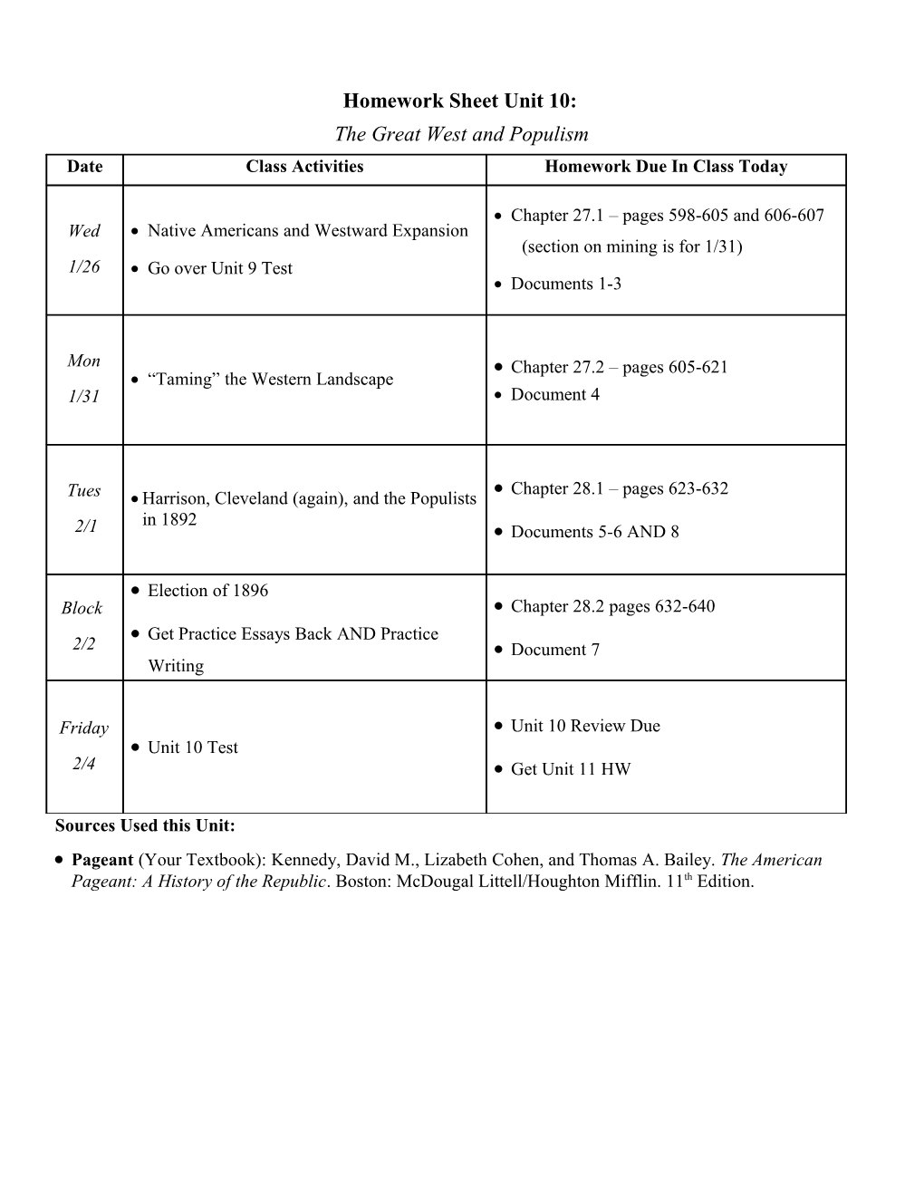 Homework Sheet Unit 10