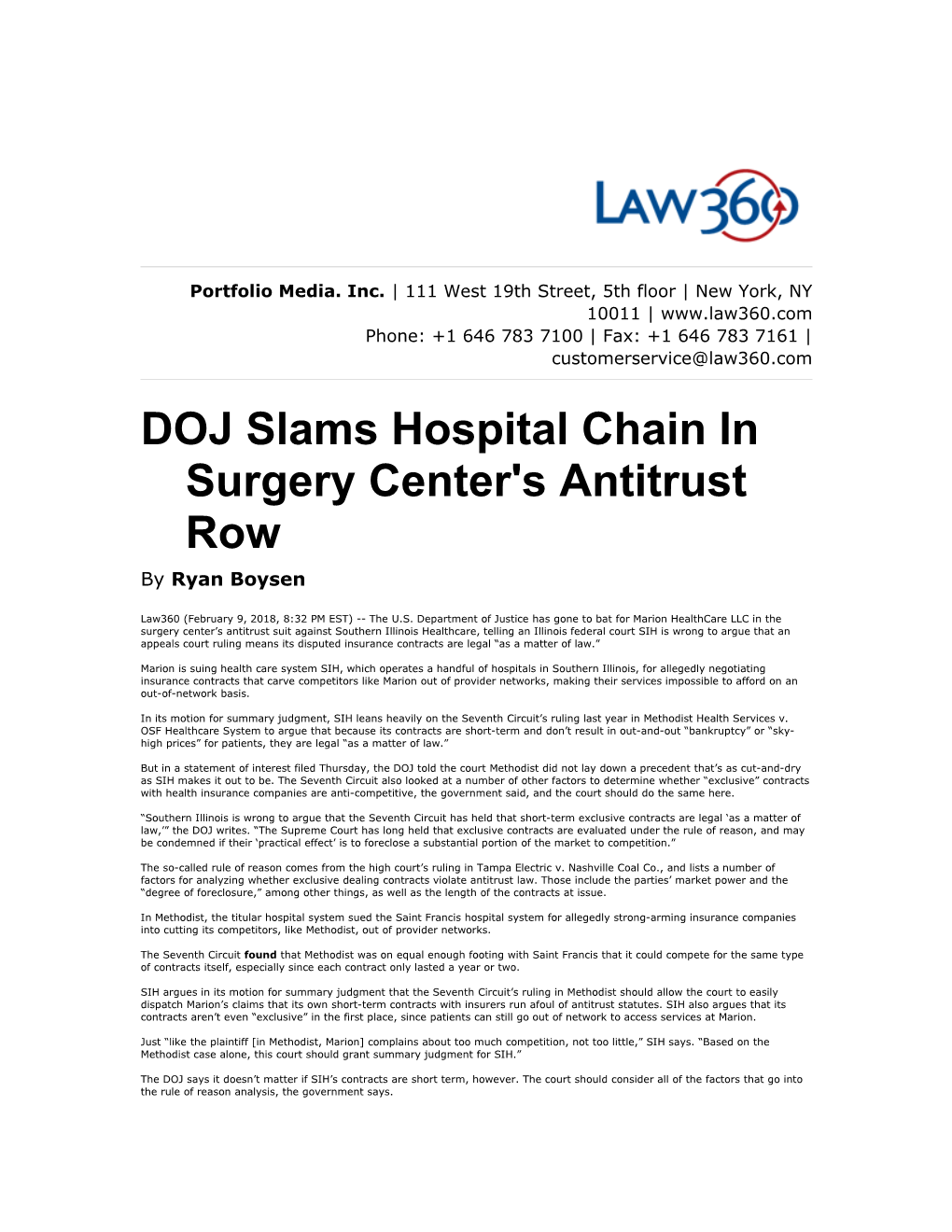 Dojslamshospital Chain in Surgerycenter's Antitrust Row