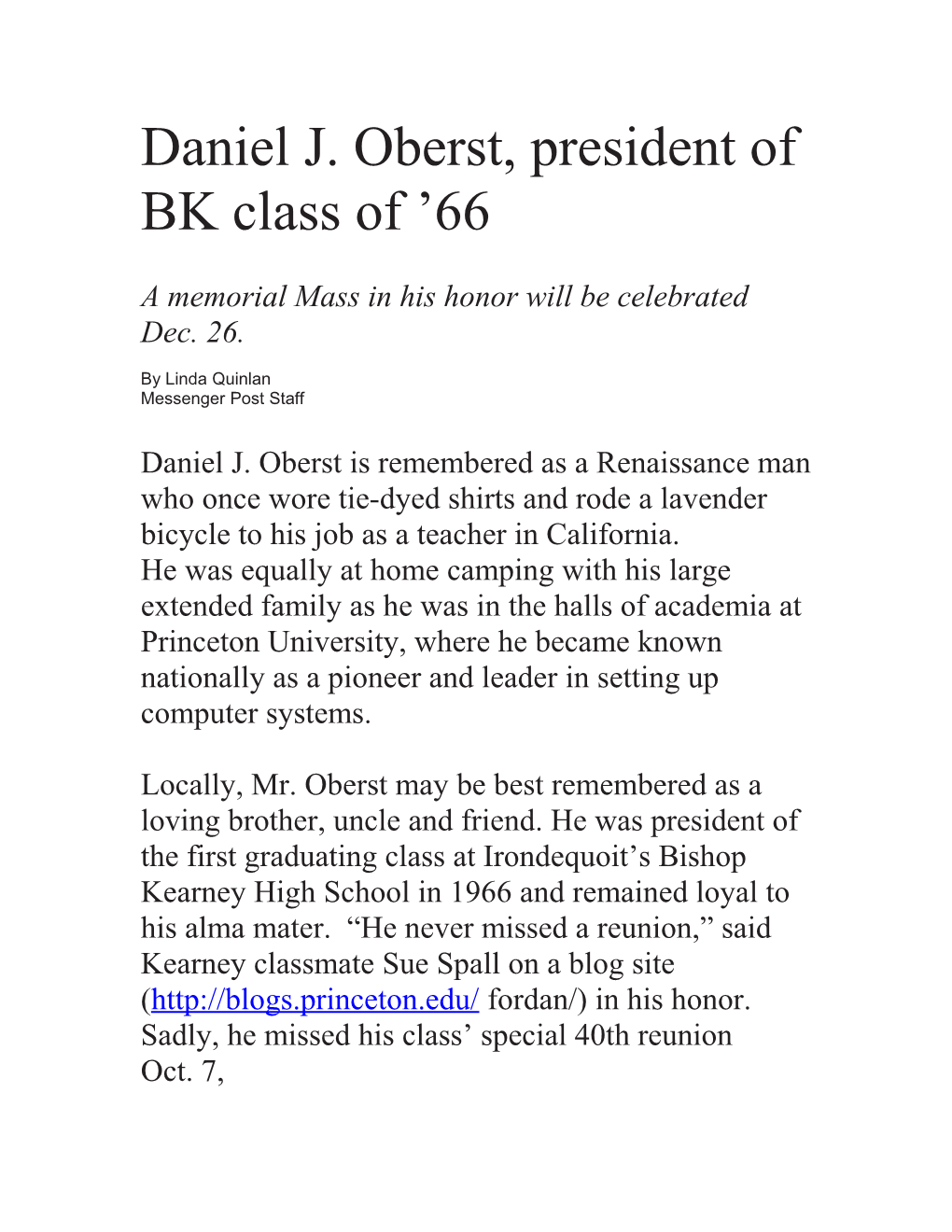 Daniel J. Oberst, President of BK Class of 66